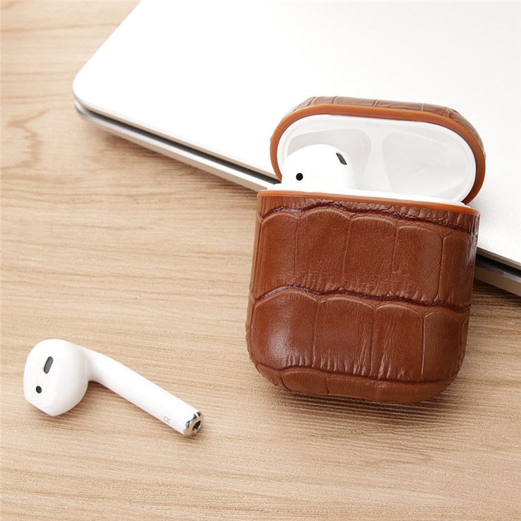 Crocodile Skin Genuine Leather Case for Apple AirPods Bluetooth Headset Charging Case - Brown-16