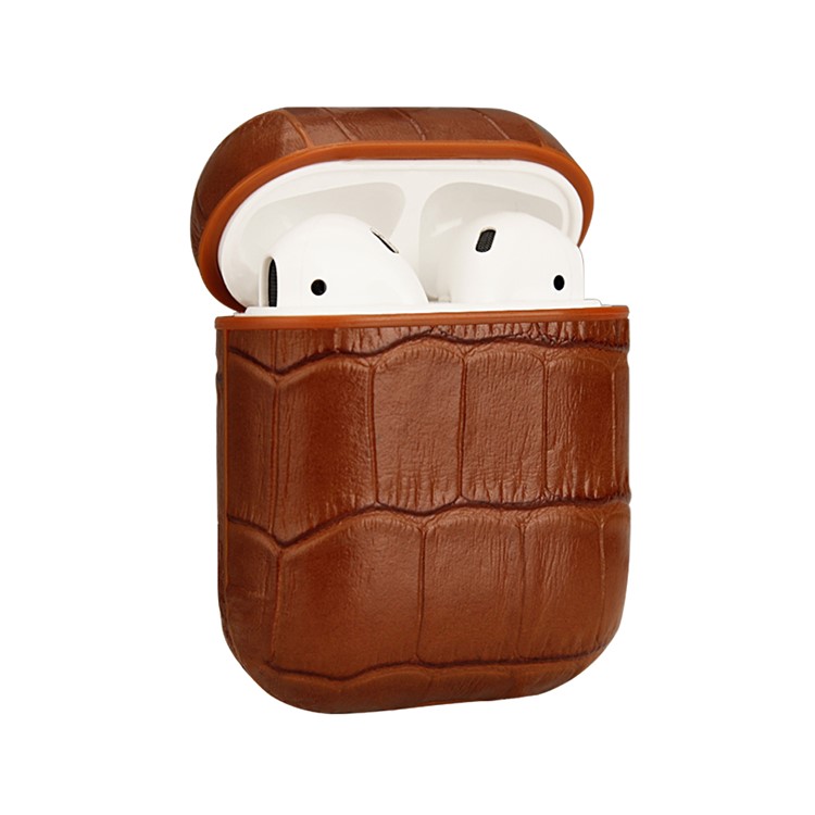 Crocodile Skin Genuine Leather Case for Apple AirPods Bluetooth Headset Charging Case - Brown-2