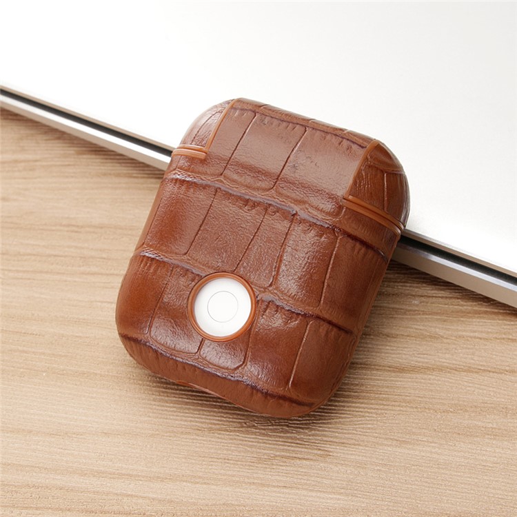 Crocodile Skin Genuine Leather Case for Apple AirPods Bluetooth Headset Charging Case - Brown-7