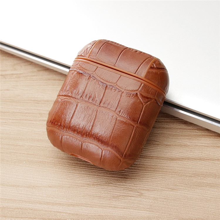 Crocodile Skin Genuine Leather Case for Apple AirPods Bluetooth Headset Charging Case - Brown-8