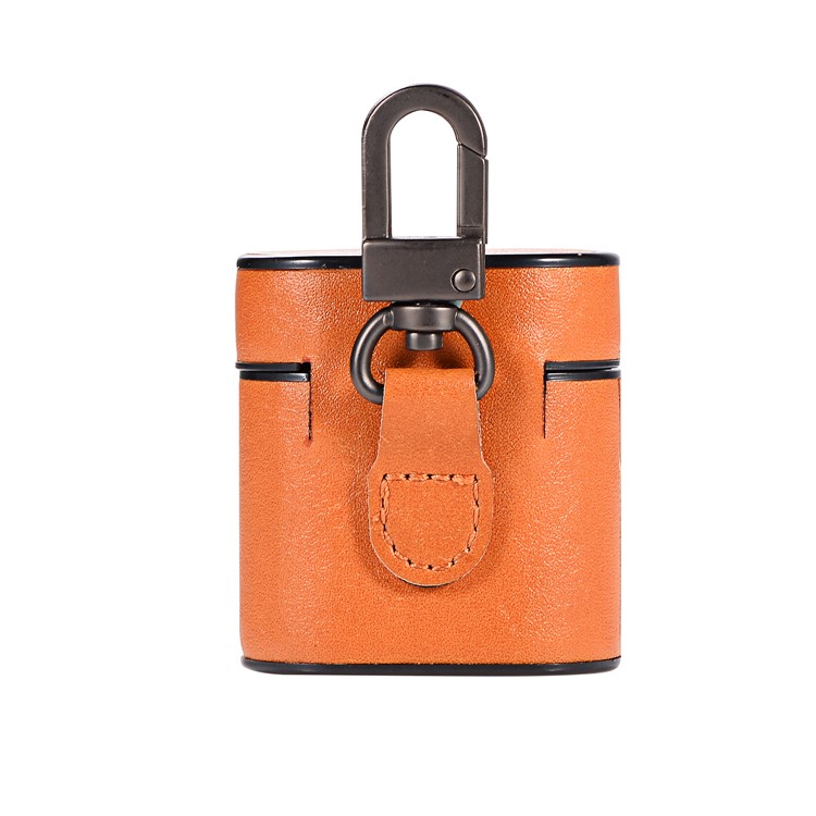 Capa Protetora PU + PC Para Airpods De Apple Capa De Carregamento Com Alça E Mosquetão - Castanho-1