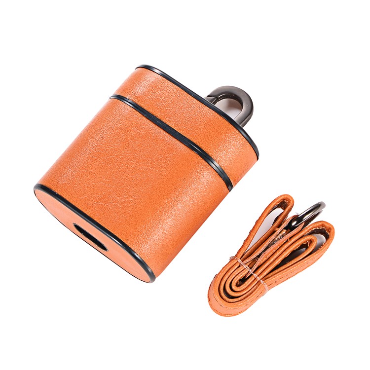 Capa Protetora PU + PC Para Airpods De Apple Capa De Carregamento Com Alça E Mosquetão - Castanho-4