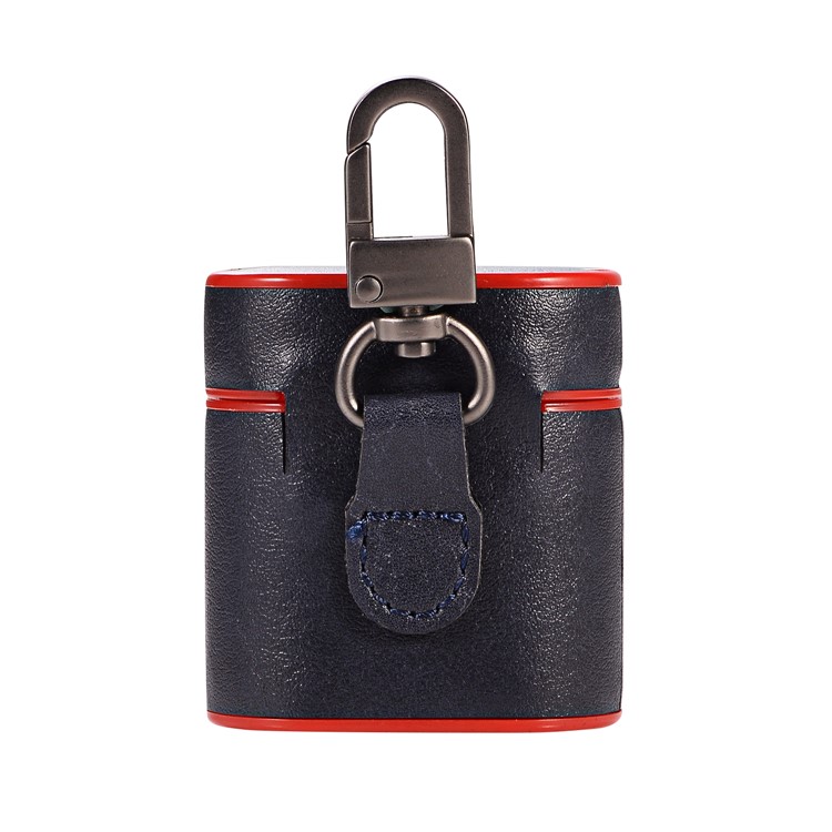 Capa Protetora PU + PC Para Airpods De Apple Capa De Carregamento Com Alça E Mosquetão - Azul Escuro-1