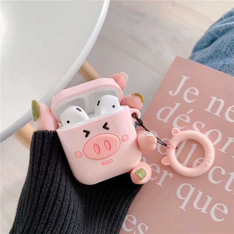 Silicone Cover with Ring for Apple AirPods with Wireless Charging Case (2019)/Charging Case (2019)/Charging Case (2016) - Smiling Pig-1