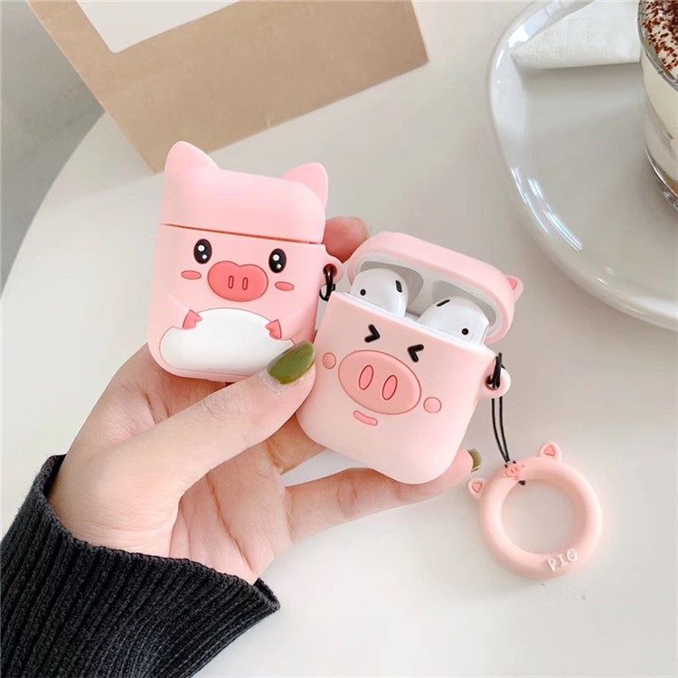 Silicone Cover with Ring for Apple AirPods with Wireless Charging Case (2019)/Charging Case (2019)/Charging Case (2016) - Smiling Pig-4