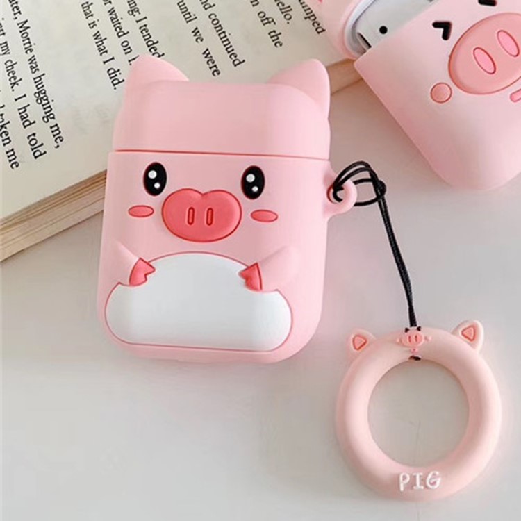 Capa De Silicone Com Anel Para Airpods De Apple Para O Caso De Carregamento Sem Fio (2019) / Caso De Carregamento (2019) / Caso De Carregamento (2016) - Porco Tímido-1