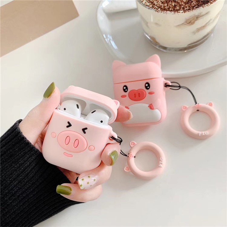Capa De Silicone Com Anel Para Airpods De Apple Para O Caso De Carregamento Sem Fio (2019) / Caso De Carregamento (2019) / Caso De Carregamento (2016) - Porco Tímido-2
