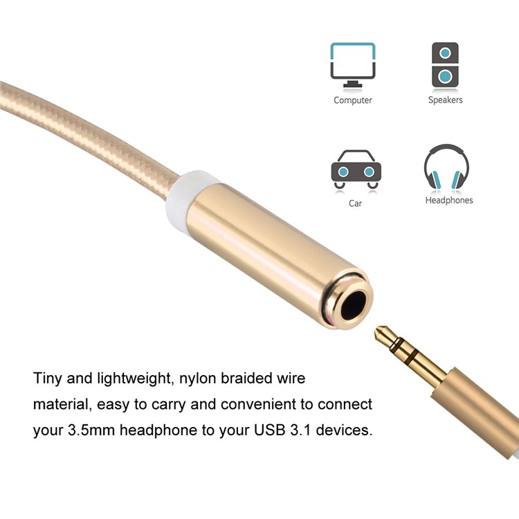 HAT PRINCE USB Type-c À 3.5mm Cordon Adaptateur Audio Pour Macbook 12 Pouces / Huawei P9 Plus - Couleur Or-3