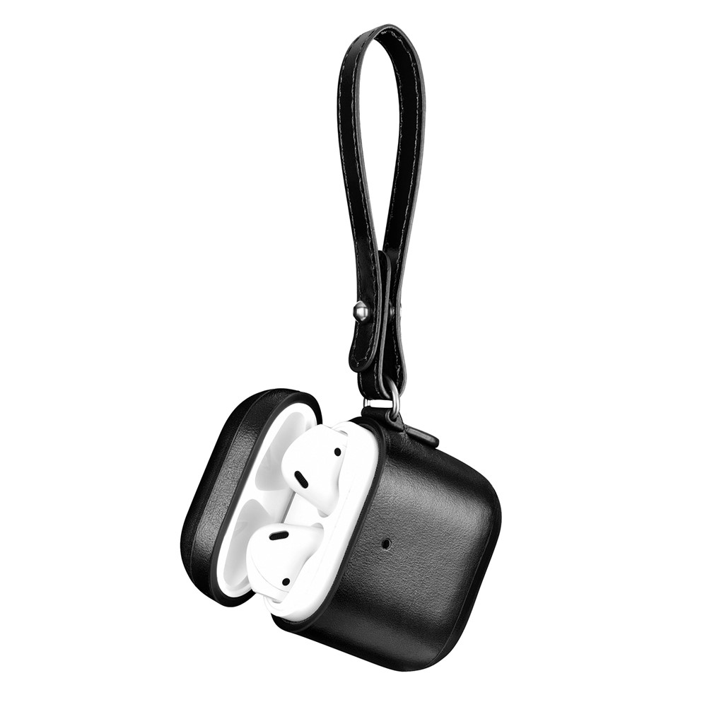 Estuche De Airpods De Cuero De Vaca ICARER Con Correa Para Airpods De Apple Con Estuche De Carga Inalámbrico (2019) / Airpods Con Estuche De Carga (2019) / (2016) - Negro-1