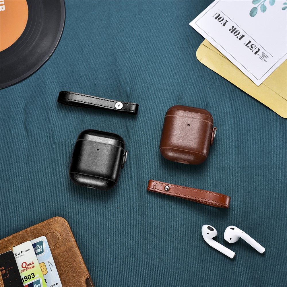 Custodia Airpod in Pelle Icarer Cowhide Con Cinghia Per Apple AirPods Con Custodia di Ricarica Wireless (2019) / AirPods With Charging Case (2019)/(2016) - Nero-11