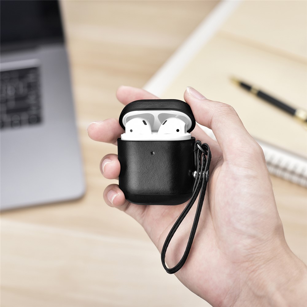 Custodia Airpod in Pelle Icarer Cowhide Con Cinghia Per Apple AirPods Con Custodia di Ricarica Wireless (2019) / AirPods With Charging Case (2019)/(2016) - Nero-14