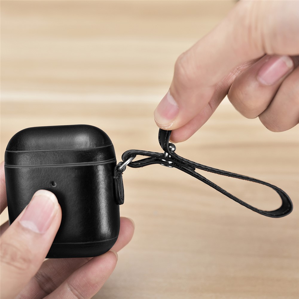 Custodia Airpod in Pelle Icarer Cowhide Con Cinghia Per Apple AirPods Con Custodia di Ricarica Wireless (2019) / AirPods With Charging Case (2019)/(2016) - Nero-15