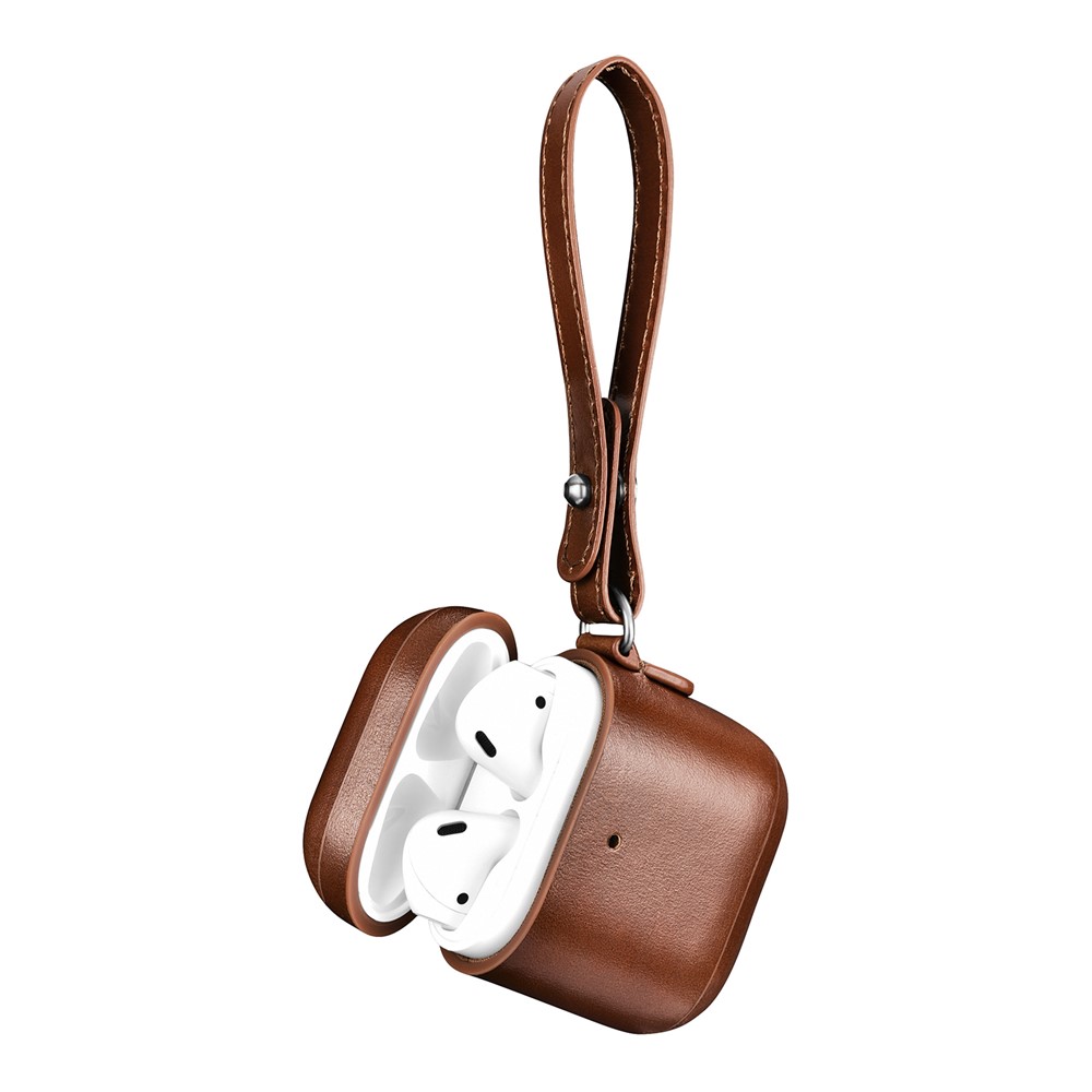ICARER Cowhide Leather AirPods Case with Strap for Apple AirPods with Wireless Charging Case (2019) / AirPods with Charging Case (2019)/(2016) - Brown-1