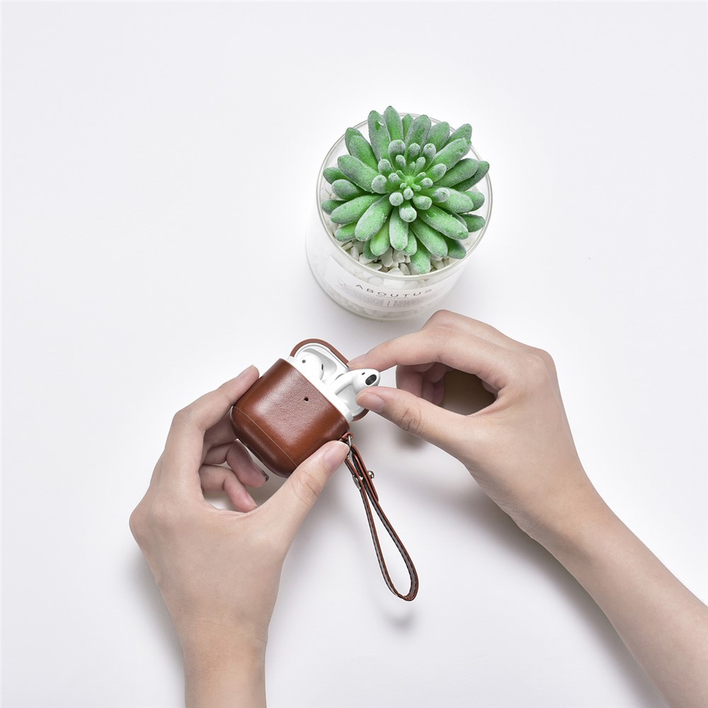 ICARER Cowhide Leather AirPods Case with Strap for Apple AirPods with Wireless Charging Case (2019) / AirPods with Charging Case (2019)/(2016) - Brown-11