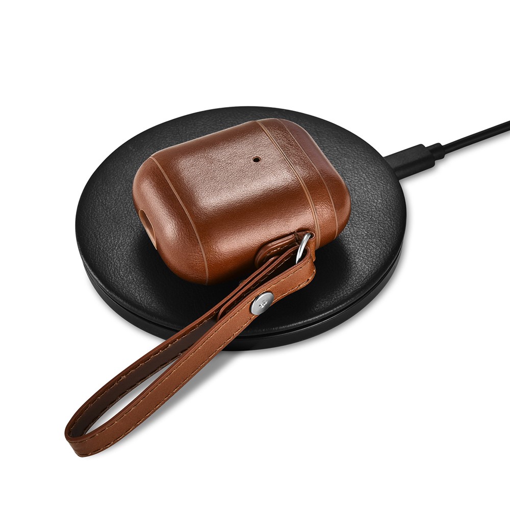 ICARER Cowhide Leather AirPods Case with Strap for Apple AirPods with Wireless Charging Case (2019) / AirPods with Charging Case (2019)/(2016) - Brown-8