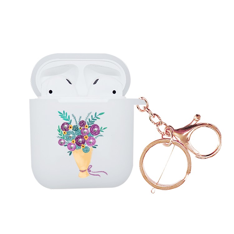 NXE Rhinestone Decor Bouquet Pattern Shell TPU Fosco Para Apple Airpods Com Estojo De Carregamento Sem Fio (2019) / Airpods Com Estojo De Carregamento (2019) (2016) - Buquê Roxo E Verde-1