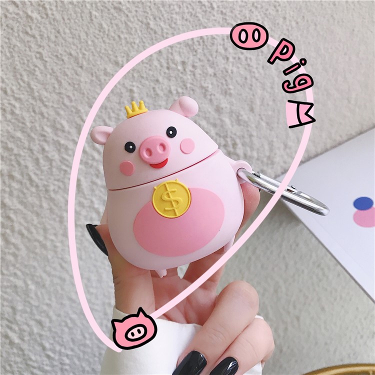 Silicone Animal Case with Hook for Apple AirPods with Charging Case (2019)/(2016)/Wireless Charging Case (2019) - Pink Pig-3