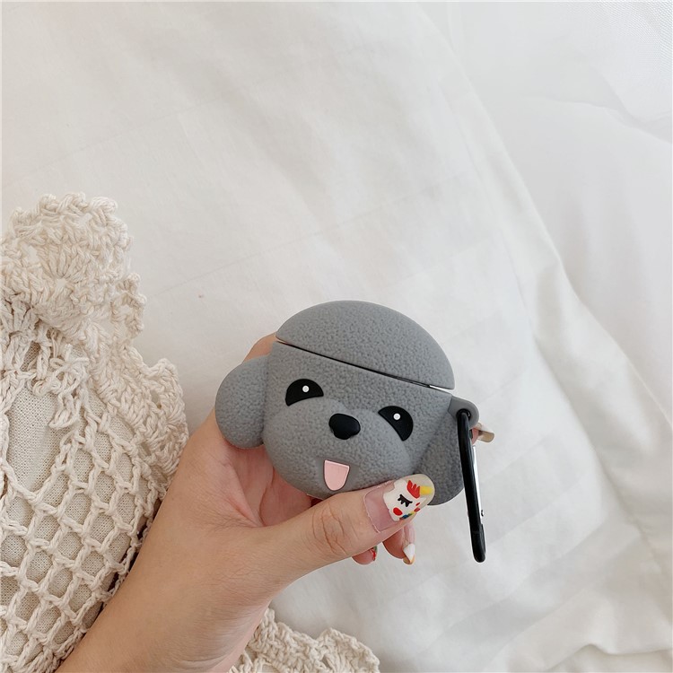 Caso De Los Animales De Silicona Con Gancho Para Airpods Manzana Con La Caja (2019) De Carga / (2016) / Caso De Carga Inalámbrica (2019) - Perro Gris-3