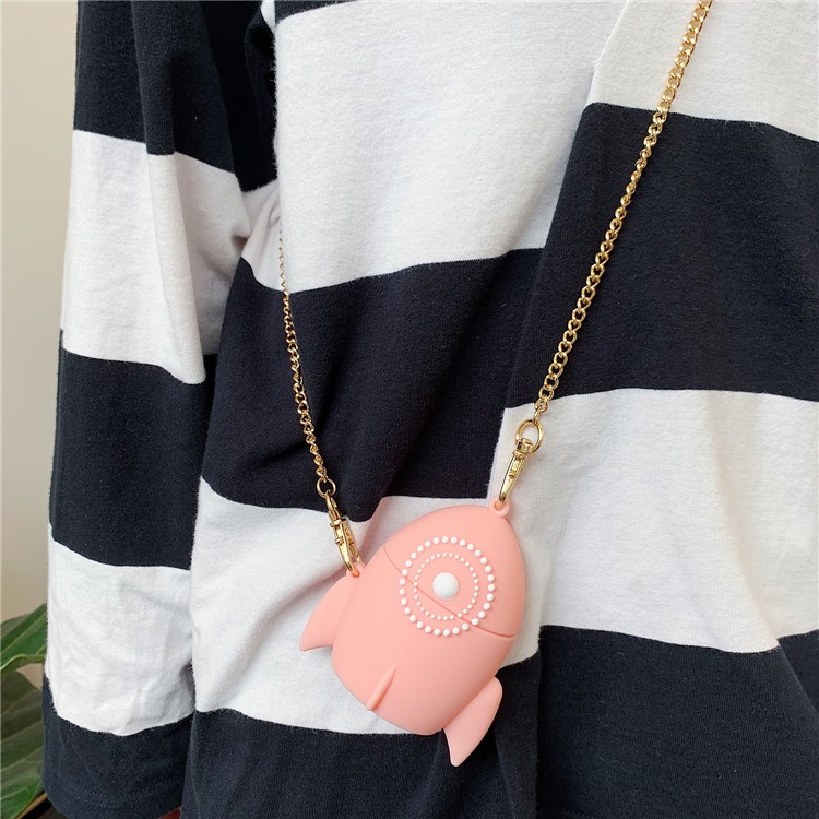 Rocket Shape Silicone Airpods Case with Hook and Chain for Apple AirPods with Wireless Charging Case (2019)/AirPods with Charging Case (2019)/(2016) - Pink-4