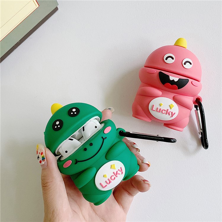 3D Cartoon Dinosaur Portable Silicone Case with Hook for Apple AirPods with Wireless Charging Case (2019)/AirPods with Charging Case (2019)/(2016) - Smile Face-5