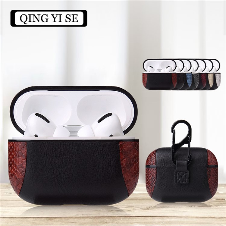 Snake Skin Splicing Leather Case with Hook for Apple AirPods Pro -
Black/Red-12