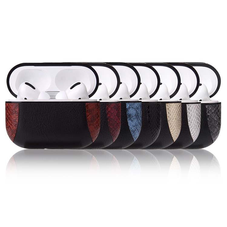 Snake Skin Splicing Leather Case with Hook for Apple AirPods Pro -
Black/Red-13