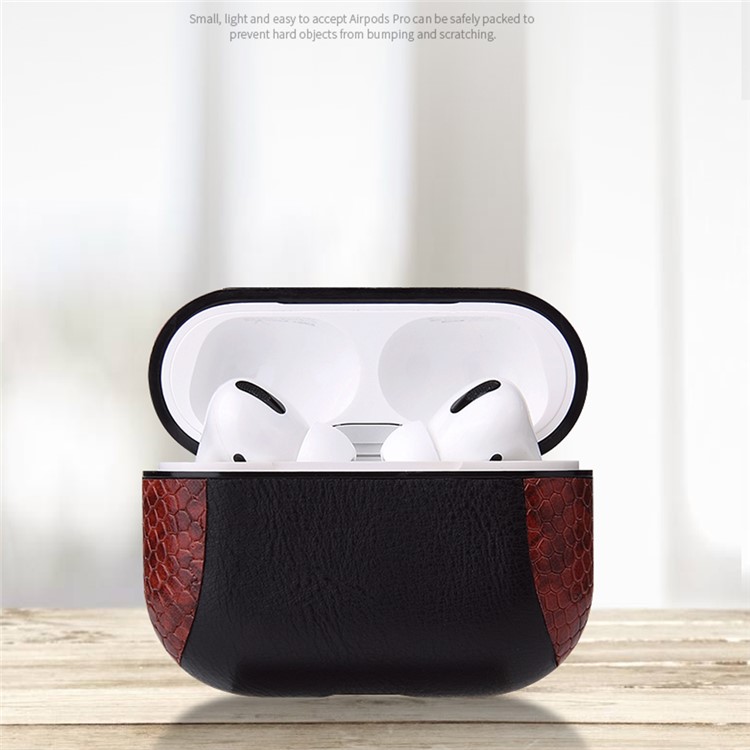 Snake Skin Splicing Leather Case with Hook for Apple AirPods Pro -
Black/Red-2