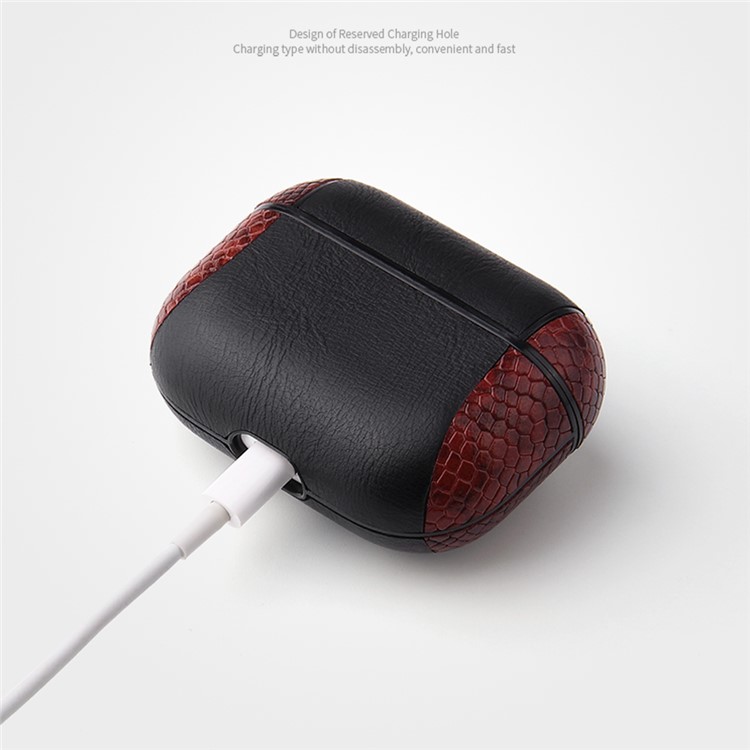 Snake Skin Splicing Leather Case with Hook for Apple AirPods Pro -
Black/Red-5