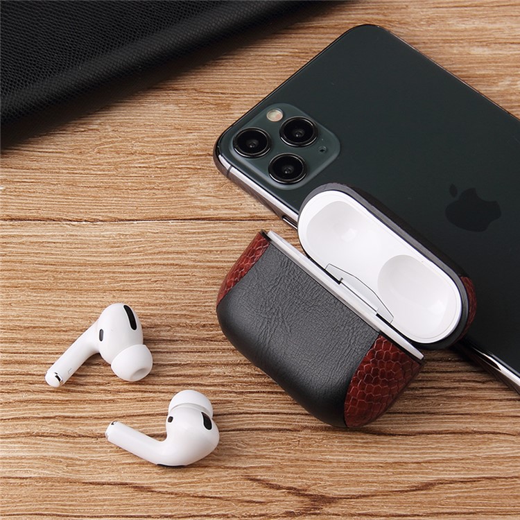Snake Skin Splicing Leather Case with Hook for Apple AirPods Pro -
Black/Red-9