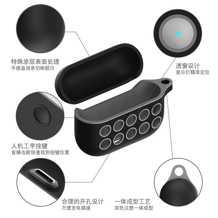 Liquid Silicone Di-color Ten Holes Style Cover with Buckle for AirPods Pro - Black/Grey Holes-6