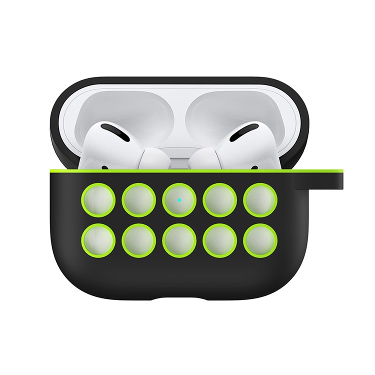 Liquid Silicone Di-color Ten Holes Style Cover with Buckle for AirPods Pro - Black/Green Holes-2