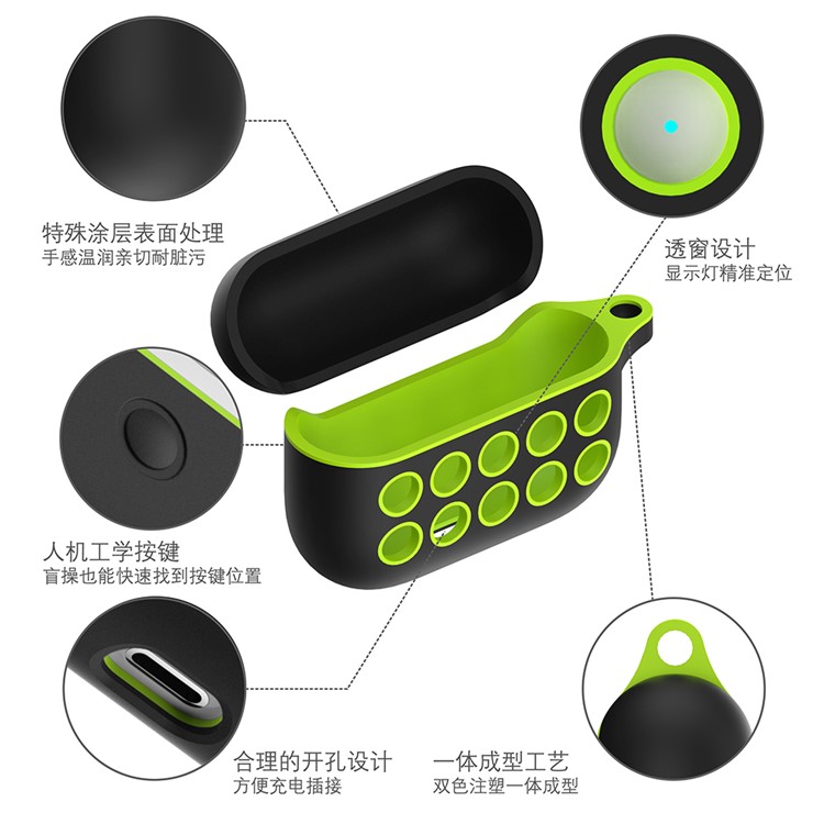 Liquid Silicone Di-color Ten Holes Style Cover with Buckle for AirPods Pro - Black/Green Holes-6