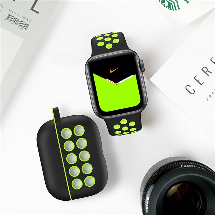 Liquid Silicone Di-color Ten Holes Style Cover with Buckle for AirPods Pro - Black/Green Holes-7