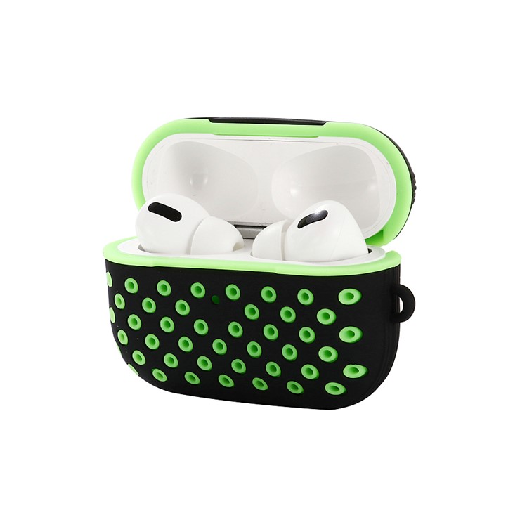 Two-tone Honeycomb Style Silicone Case with Carabiner for Apple AirPods Pro - Black/Green-1