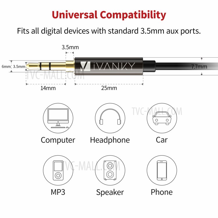 IVANKY AC02 3.5MM Aux Port Cable Stereo Audio Auxiliary Cable, 2.4M-3