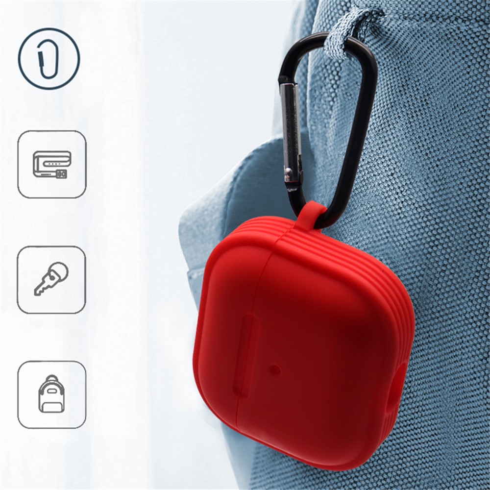 Strips Hemming Bluetooth Earphone Charging Box Silicone Protective Case Cover with Carabiner for Apple AirPods 3 - Red-2