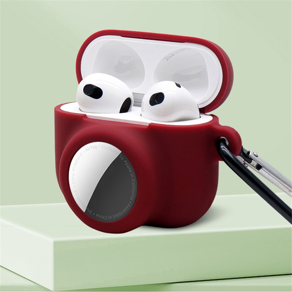 2 in 1 Soft Silicone Case Anti-scratch Protective Cover for AirPods Pro/AirTag - Wine Red-2