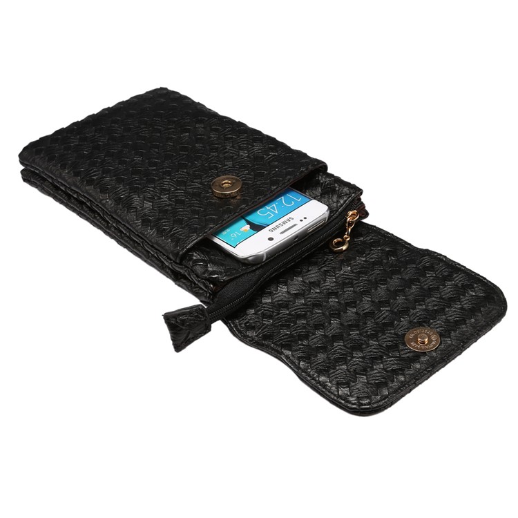 Bolso de la Bolsa de Cuero PU de Patrón Tejido Para Iphone 6 Plus Galaxy S6 Edge, Etc., Tamaño: 10 x 18 cm - Negro