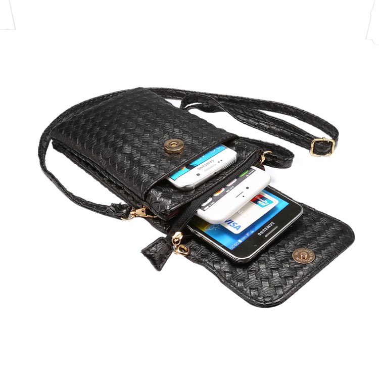 Bolso de la Bolsa de Cuero PU de Patrón Tejido Para Iphone 6 Plus Galaxy S6 Edge, Etc., Tamaño: 10 x 18 cm - Negro