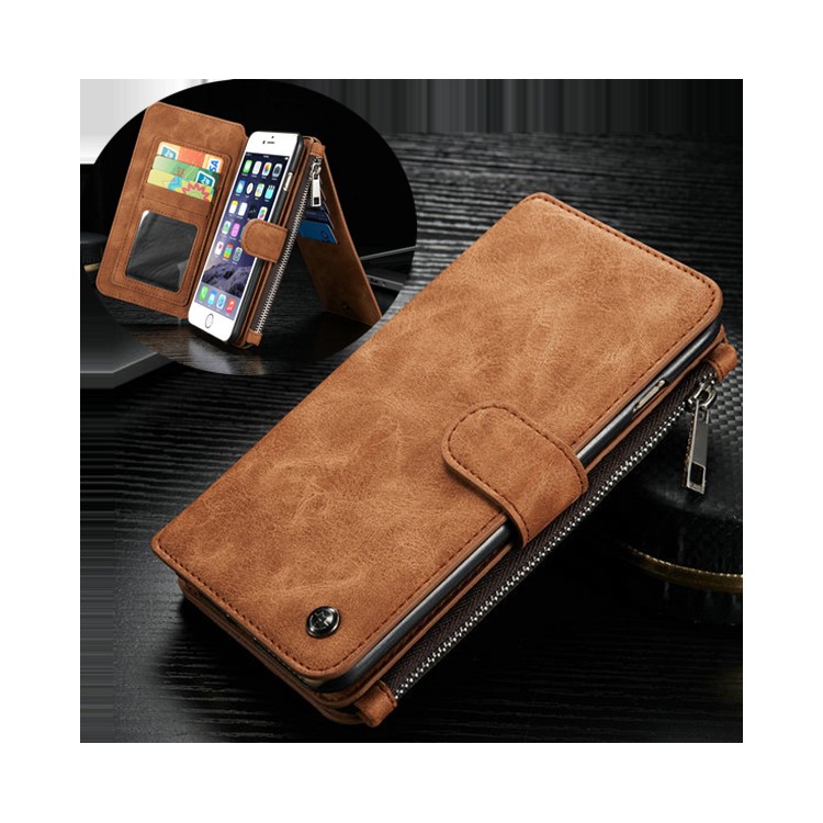 CASEME 14 Slots Wallet Detachable 2-in-1 Genuine Split Leather Cover for iPhone 6s 6 - Brown-1