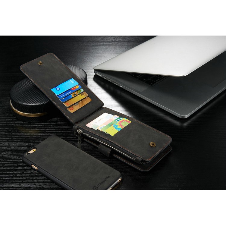 CASEME 2-in-1 Detachable 14 Slots Wallet Genuine Split Leather Case for iPhone 6s Plus / 6 Plus - Black-6