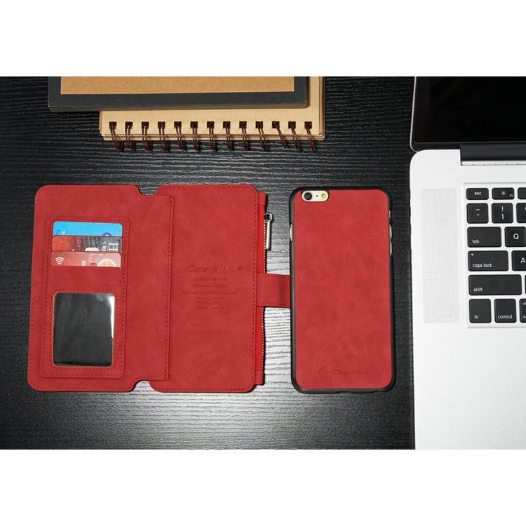 CASEME 2-dentro-1 Destacável 14 Slots Wallet Genuine Split Leather Cover para iPhone 6s Plus / 6 Plus - vermelho-4