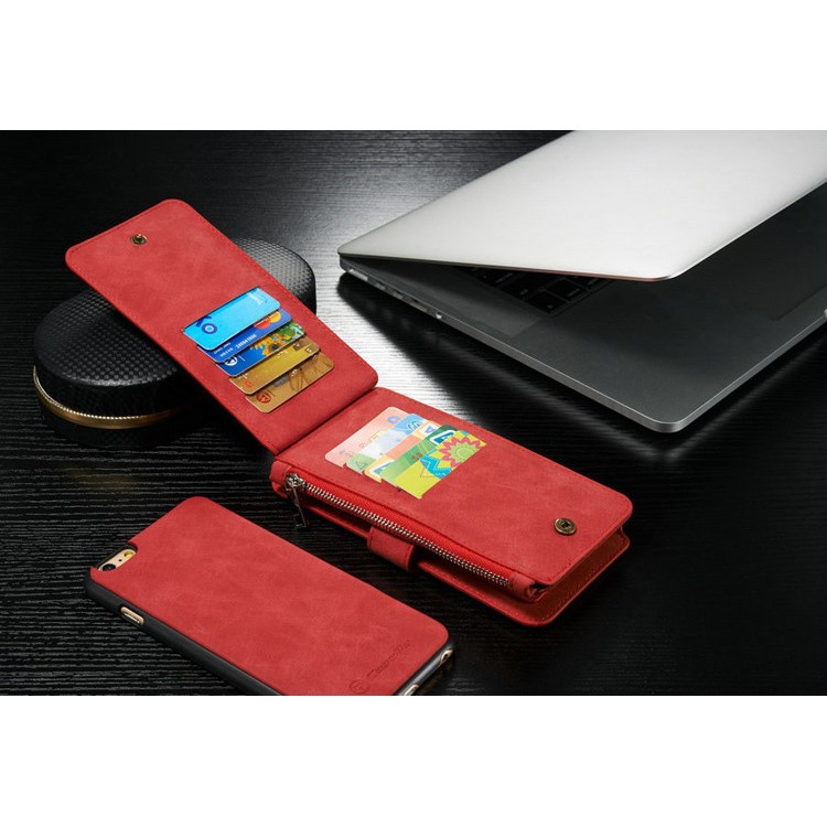 CASEME 2-dentro-1 Destacável 14 Slots Wallet Genuine Split Leather Cover para iPhone 6s Plus / 6 Plus - vermelho-5
