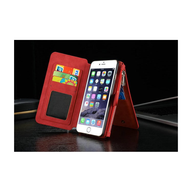 CASEME 2-dentro-1 Destacável 14 Slots Wallet Genuine Split Leather Cover para iPhone 6s Plus / 6 Plus - vermelho-6