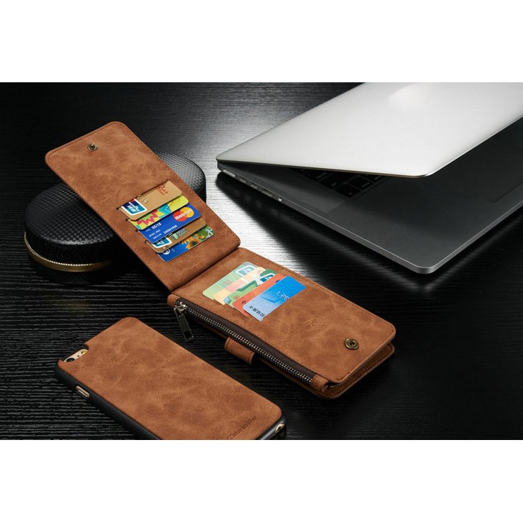 CASEME 2-dentro-1 Destacável 14 Slots Genuine Split Leather Wallet Case para iPhone 6s Plus / 6 Plus - Castanho-11
