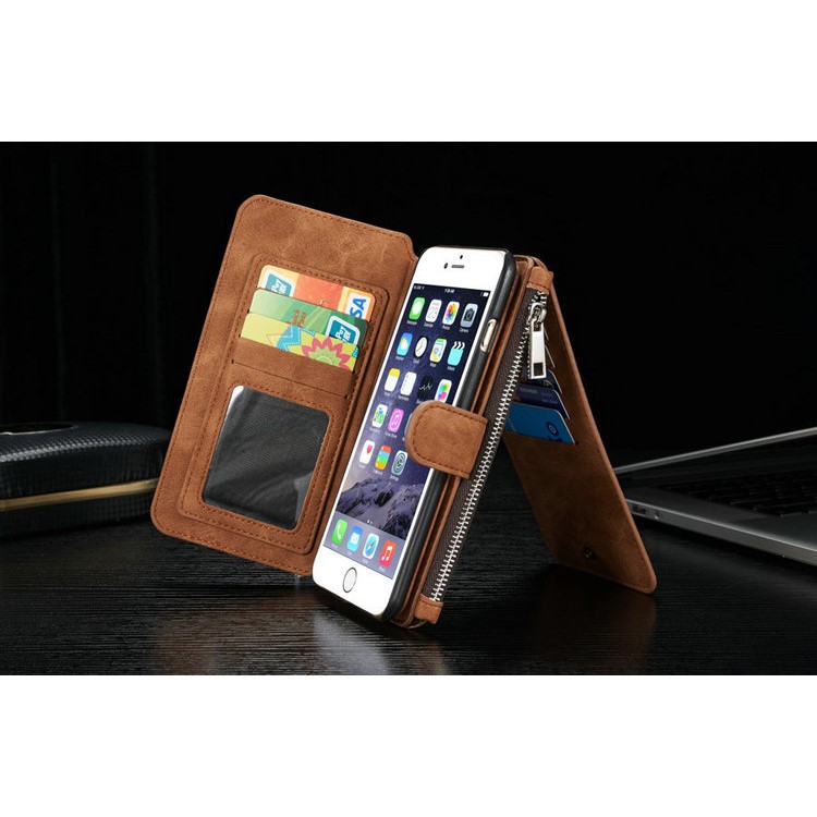 CASEME 2-dentro-1 Destacável 14 Slots Genuine Split Leather Wallet Case para iPhone 6s Plus / 6 Plus - Castanho-12