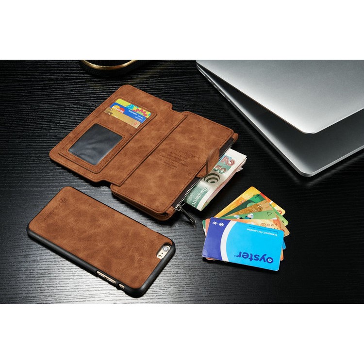 CASEME 2-dentro-1 Destacável 14 Slots Genuine Split Leather Wallet Case para iPhone 6s Plus / 6 Plus - Castanho-13