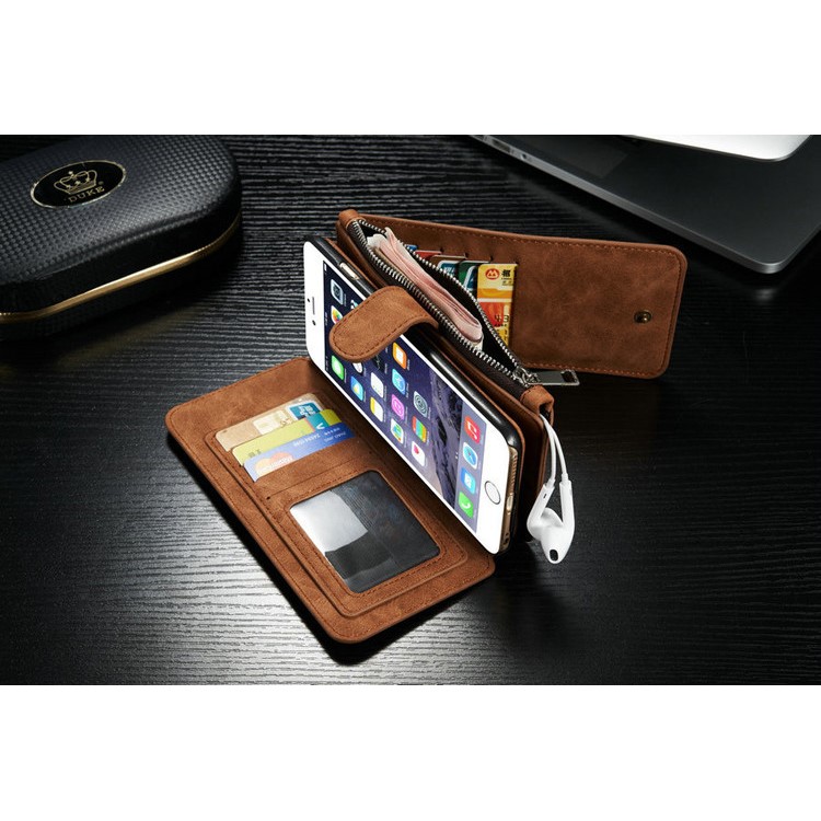 CASEME 2-dentro-1 Destacável 14 Slots Genuine Split Leather Wallet Case para iPhone 6s Plus / 6 Plus - Castanho-14