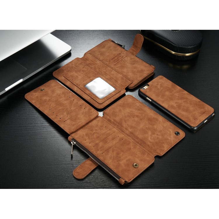 CASEME 2-dentro-1 Destacável 14 Slots Genuine Split Leather Wallet Case para iPhone 6s Plus / 6 Plus - Castanho-3