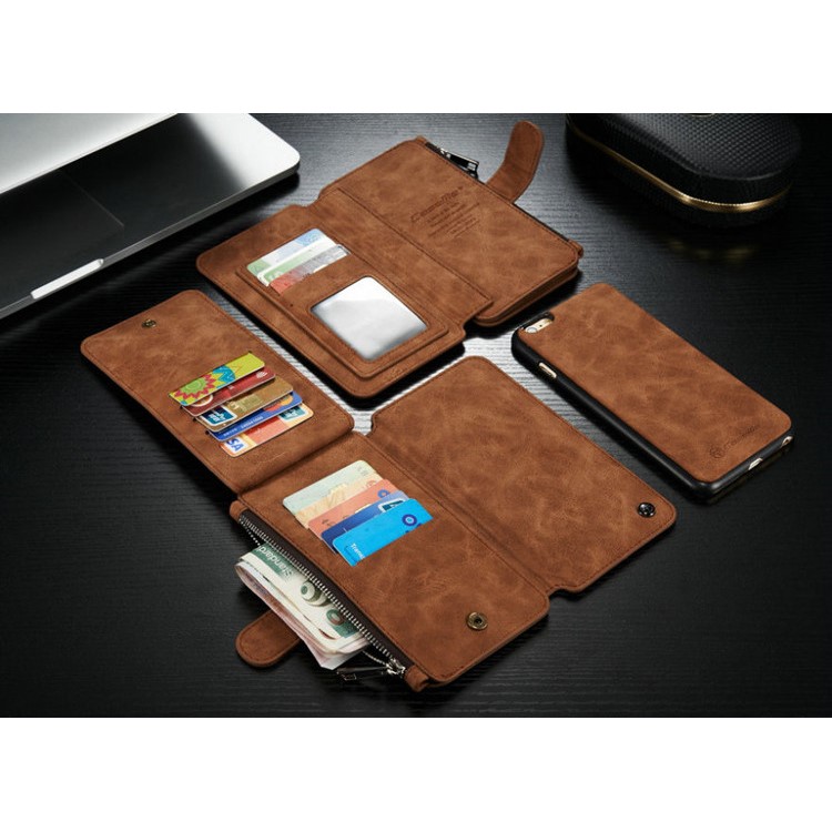 CASEME 2-dentro-1 Destacável 14 Slots Genuine Split Leather Wallet Case para iPhone 6s Plus / 6 Plus - Castanho-4
